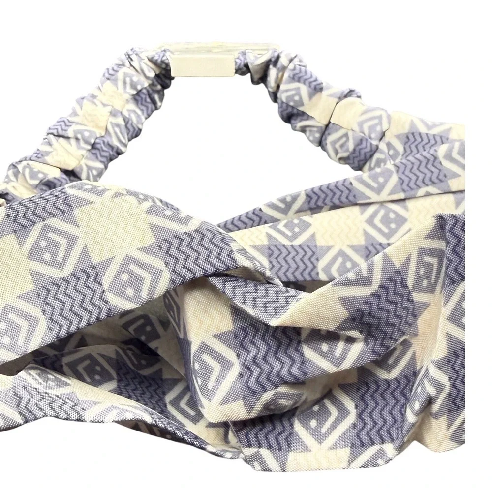 Blue White Geometric Print Twisted Knot Elastic Back Headband Accessory